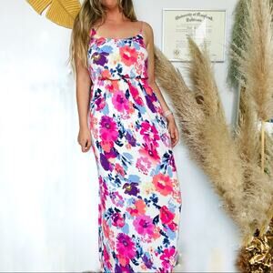 NORDSTROM FELICITY & COCO White Pink Blue Abstract Floral Maxi Tank Top Dress S